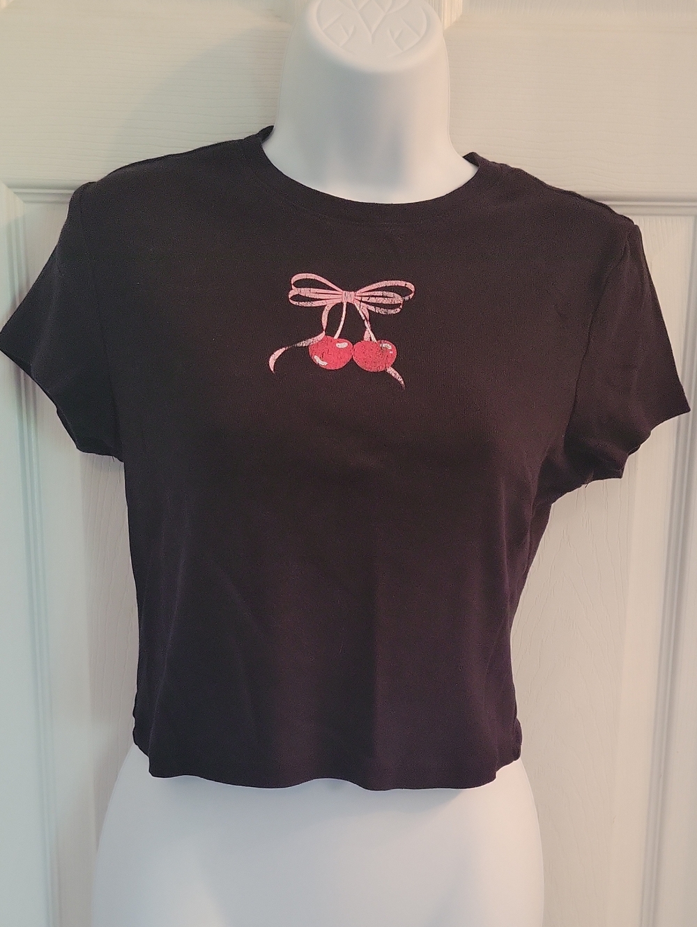 No Boundaries Black Crop Tee with Pink Cherry Graphic
